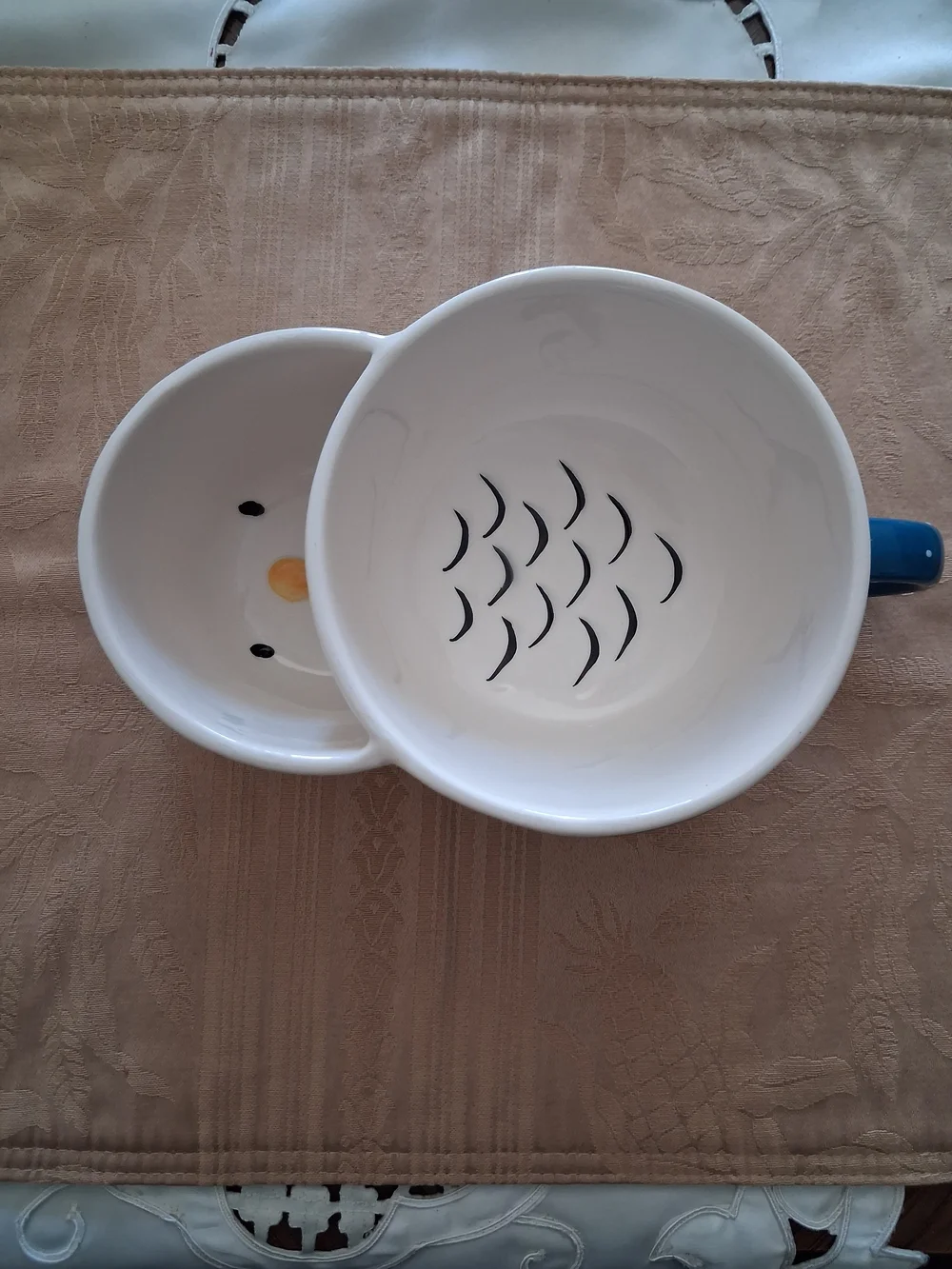 White Ceramic Double Dip Bowl with Blue Handle and Black Accent - Picture 1 of 6